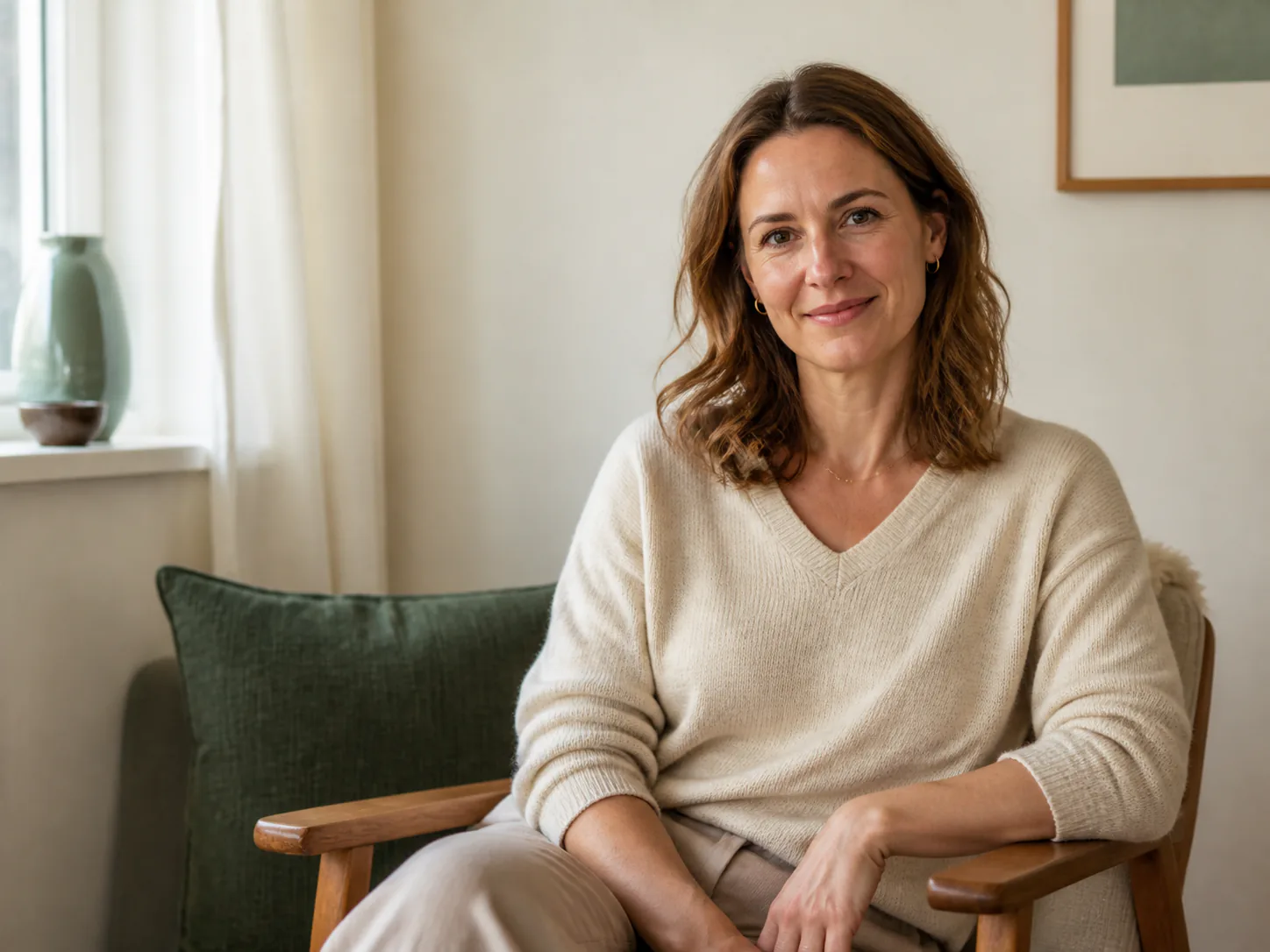 Fiktivt portræt af Anna Holm i et varmt samtalerum