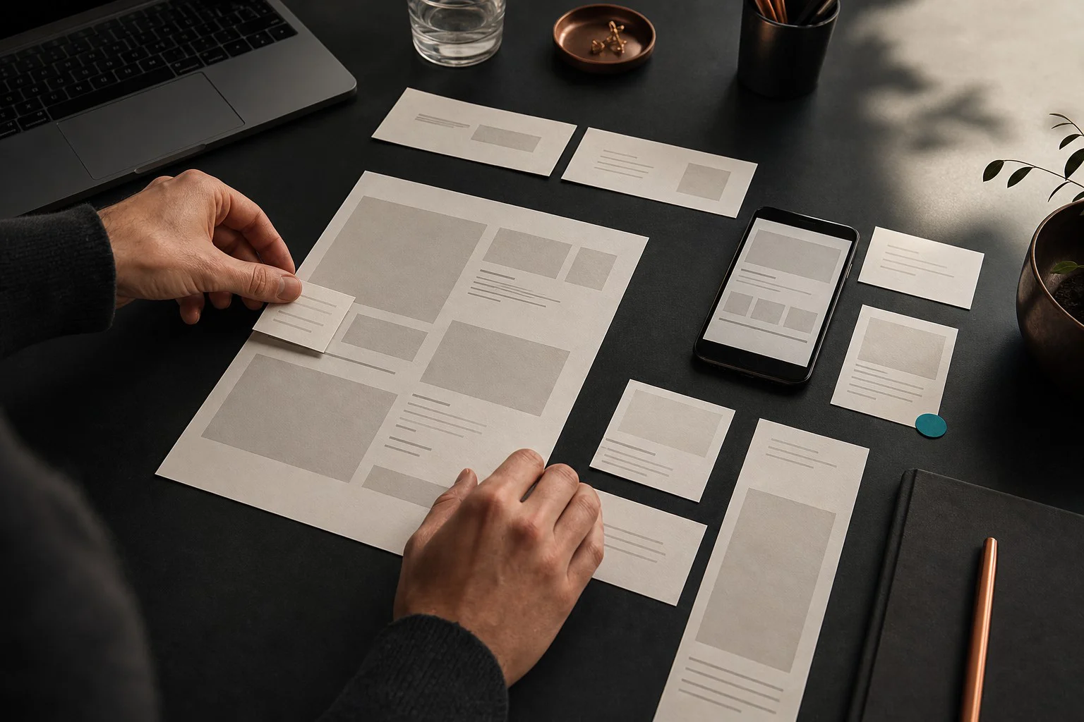 Planlægning af hjemmeside med wireframes, laptop og mobil